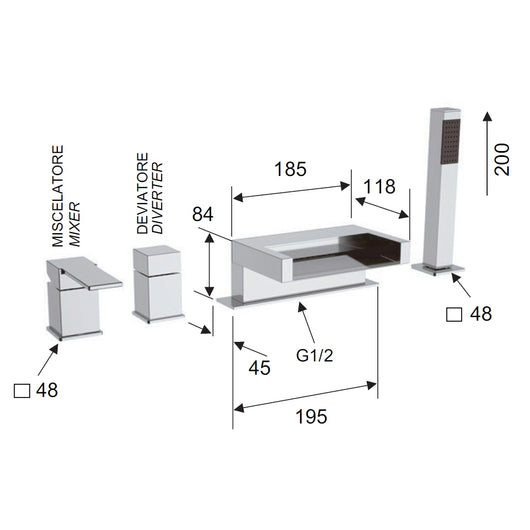 Rubinetto bordo vasca con deviatore - serie qubika cascata