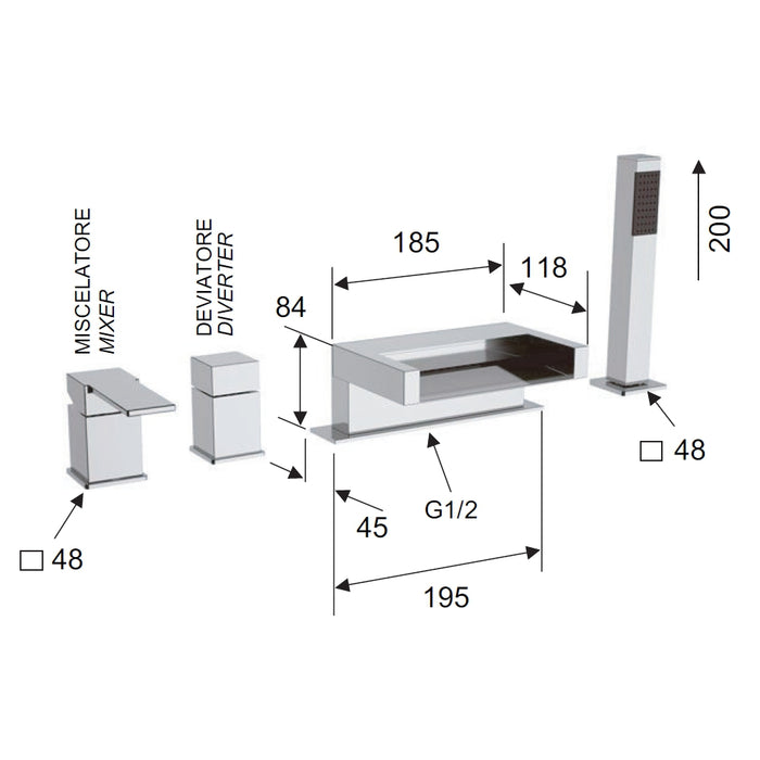 Rubinetto bordo vasca con deviatore - serie qubika cascata