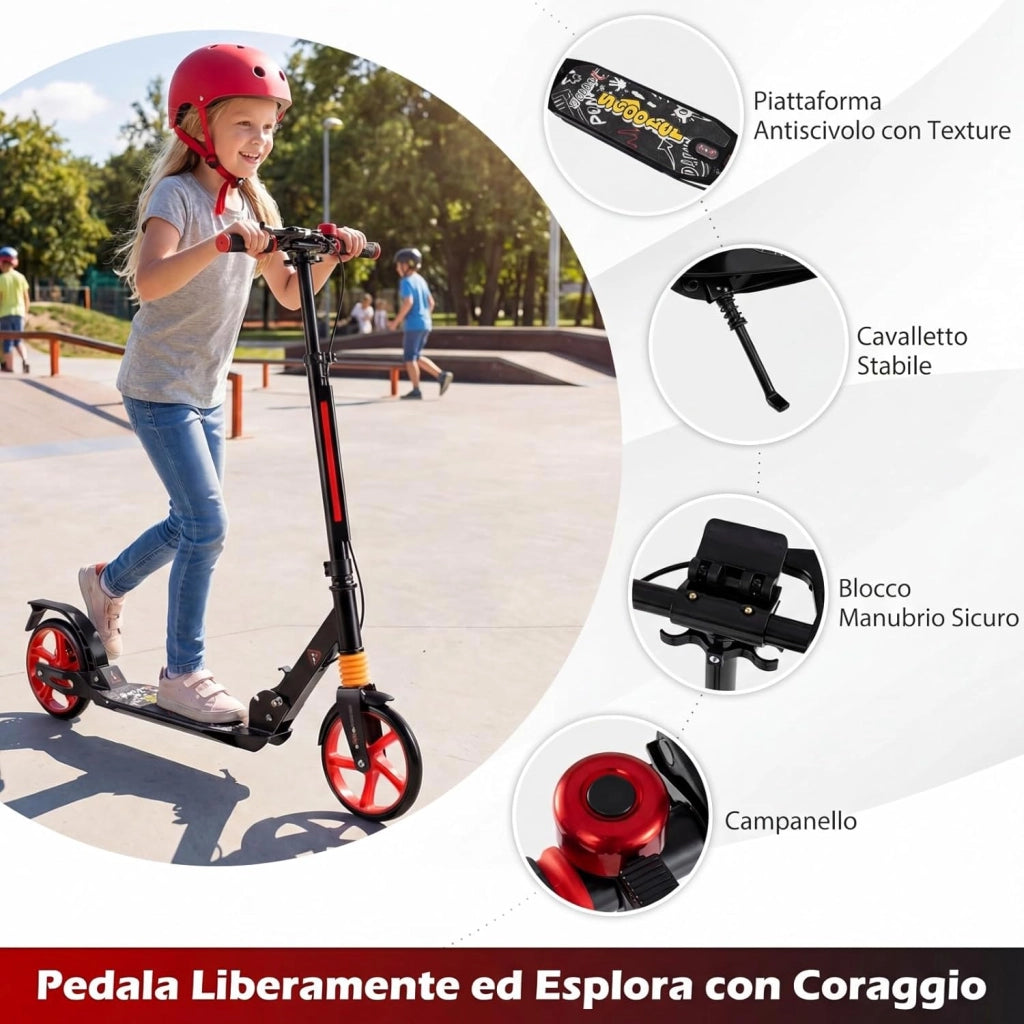 Monopattino Bambini e Adulti, Monopattino a Spinta Pieghevole e Regolabile in 3 Altezze, Monopattino Portatile con 2 Ruote, Cavalletto, Freno e Pedale Antiscivolo, Portata 100 kg