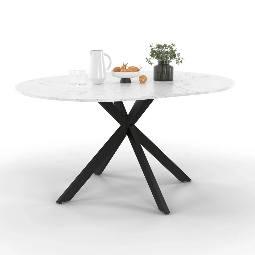 IDMarket - Tavolo da pranzo rotondo allungabile ALIX, 4-8 persone, gamba a ragno in metallo nero, piano effetto marmo ALASKA, 110-150 cm