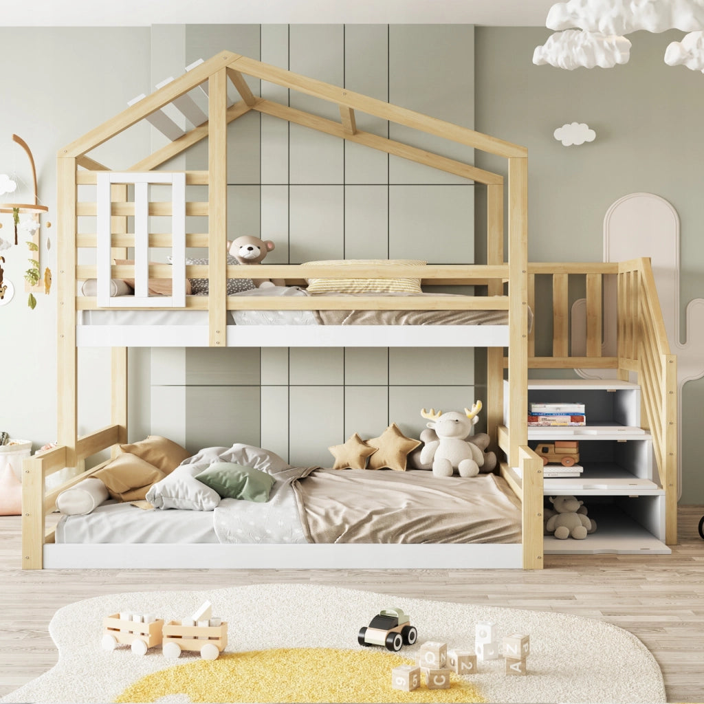 Letto a castello in pino 90x200 - Xylo - Con finestra e ripostigli