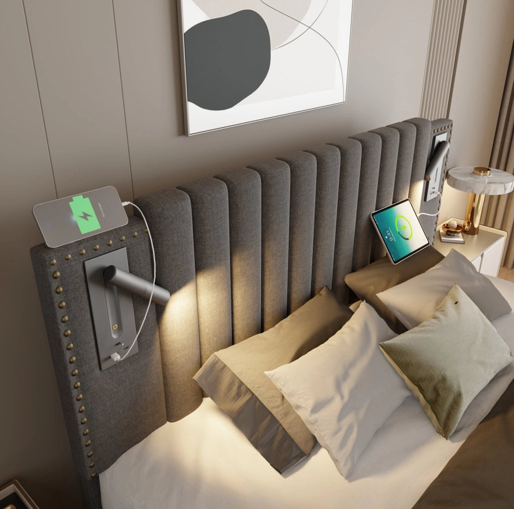 Letto matrimoniale 140x200 cm con contenitore; testiera regolabile; luce da lettura e porte USB; grigio