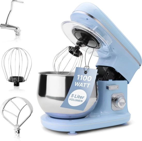 Mixer da Cucina con Contenitore di Miscelazione - Macchina per Impastare - Robot da Cucina - Coperchio Translucido - Manuale da Cucina - 1100 Watt - Regolazione di Velocità con Manopola di Regolazione