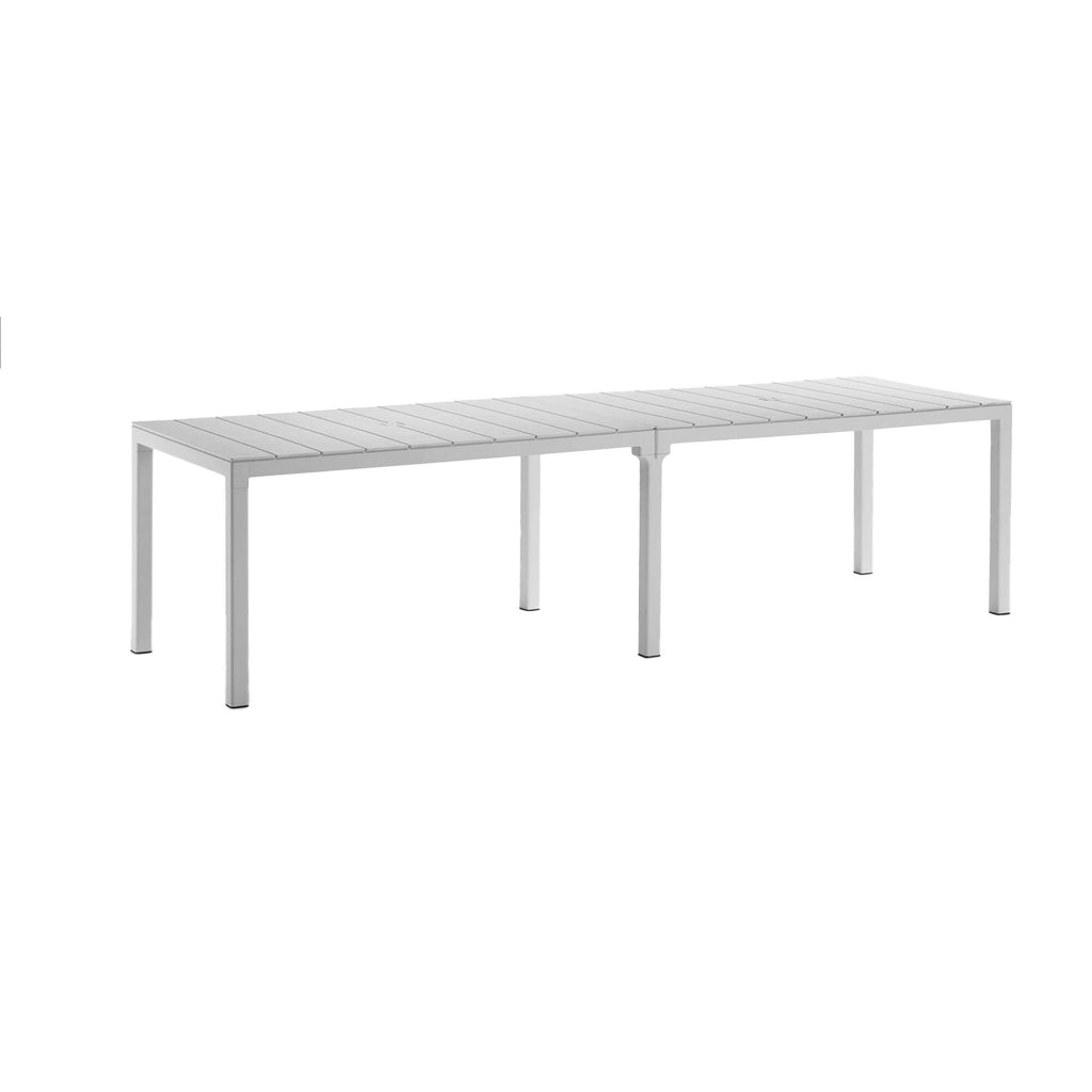 Tavolo da esterno Campana, Base per picnic, Piano da pranzo da giardino multiposizione, Banco outdoor multiuso, Made in Italy, 292x86 h74 cm, Bianco
