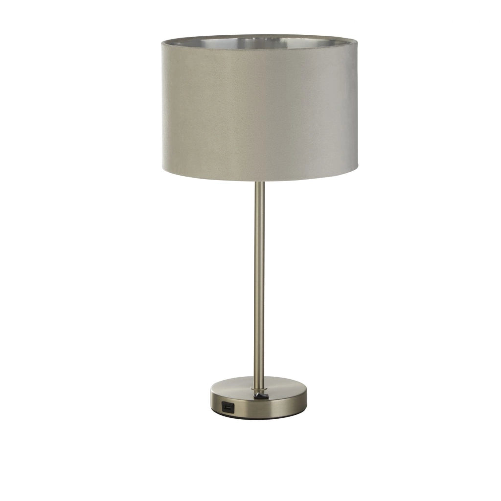 Lampada da tavolo USB Finn - Metallo nichel satinato e paralume in velluto grigio