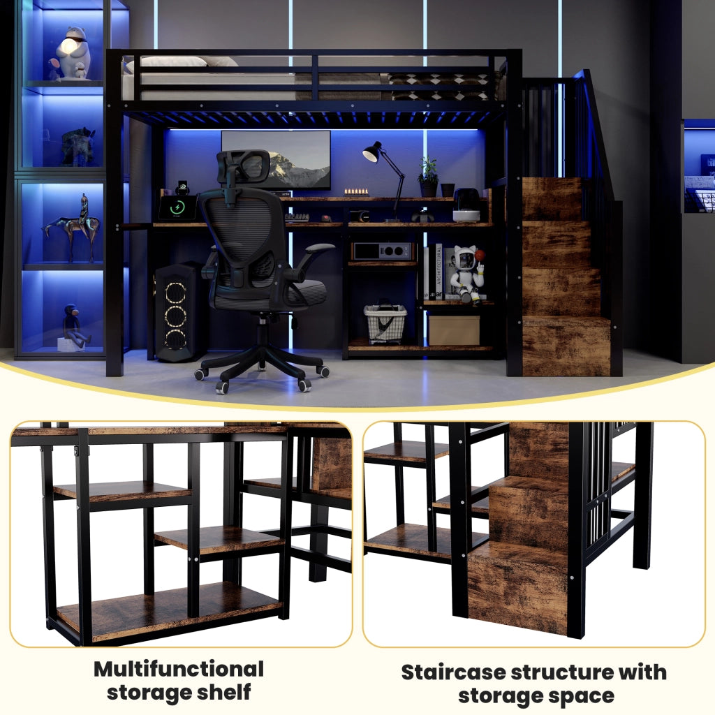 Letto a soppalco in metallo 90x200 cm, letto alto per bambini e ragazzi con scala contenitore, prese USB/Type-C, ripiano e illuminazione LED, nero
