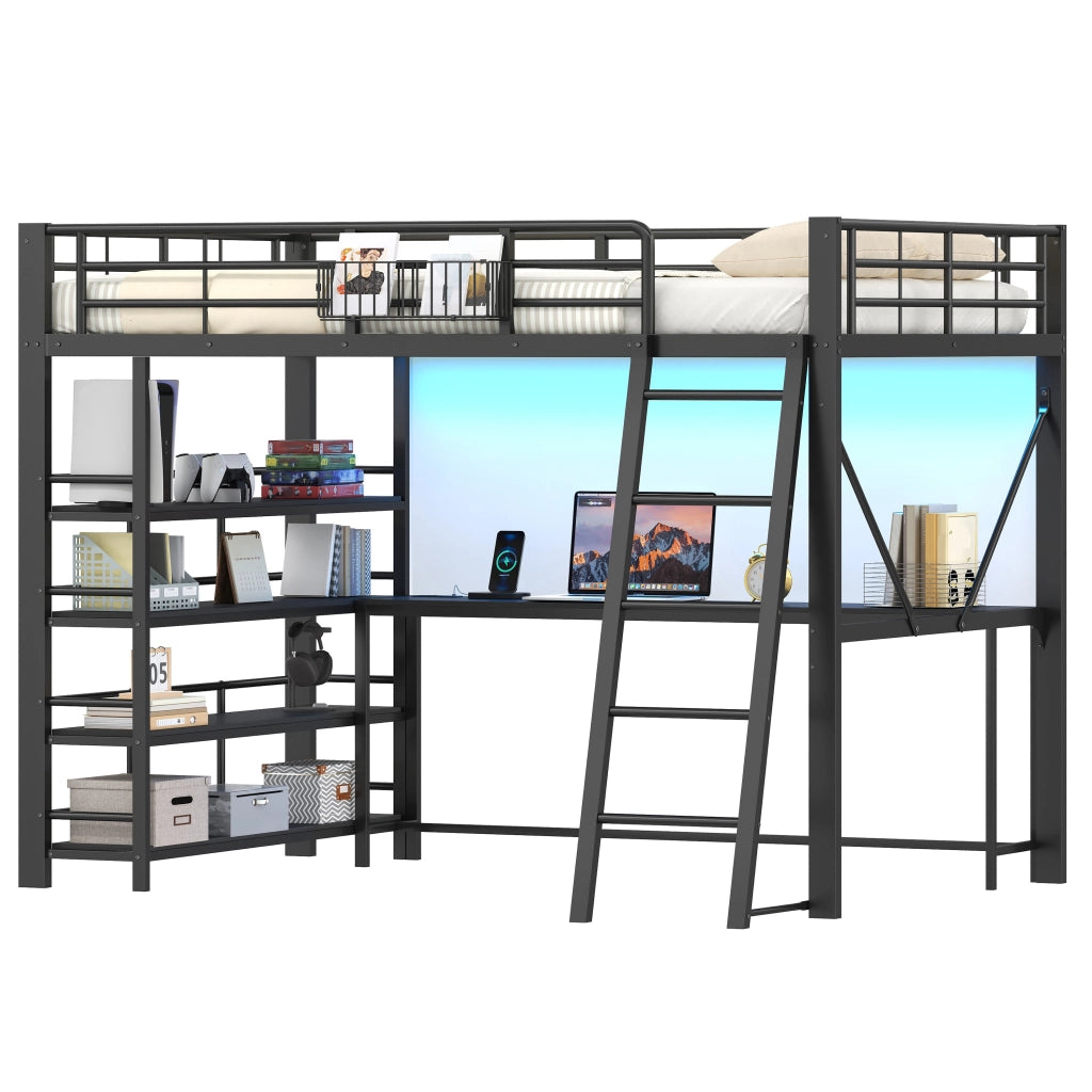Letto a soppalco 140 × 200 cm 2 posti con scrivania, mensole, USB e LED regolabile, senza materasso, nero