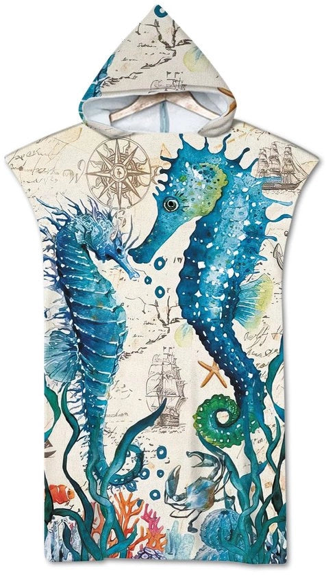 Poncho per adulti con capuccio, tessuto per la spiaggia con disegno di animali marini, blu, dimensioni 75x110 cm, modello Seahorse2