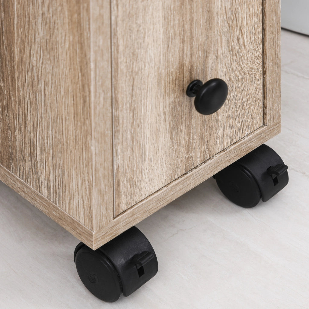 EasyComfort Armadietto da Bagno a Colonna, Mobile Bagno con 4 Ruote, 1 Cassetto 1 Armadietto con Anta 2 Armadietti Aperti, Color Rovere, 18x30x68.5 cm
