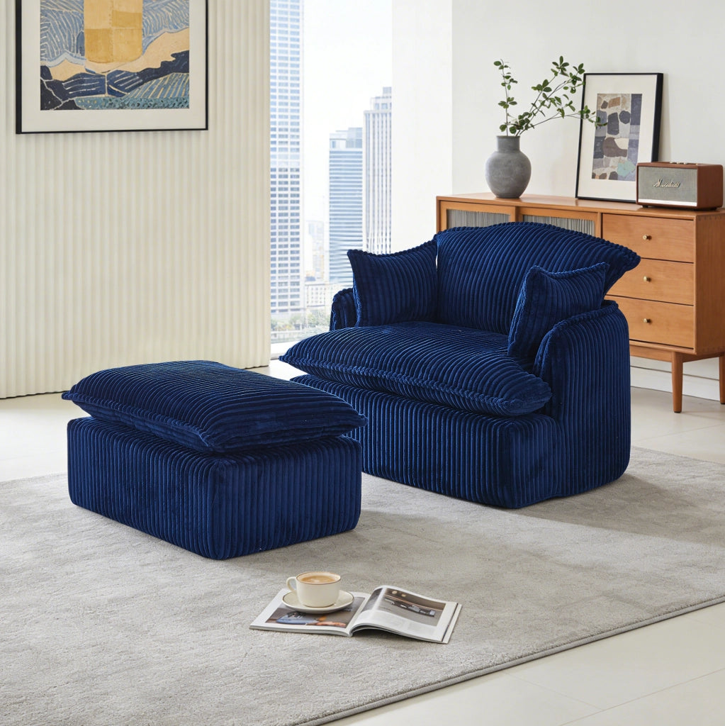 Poltrona con pouf 115x89x77 cm blu in tessuto morbido， compatta e senza montaggio