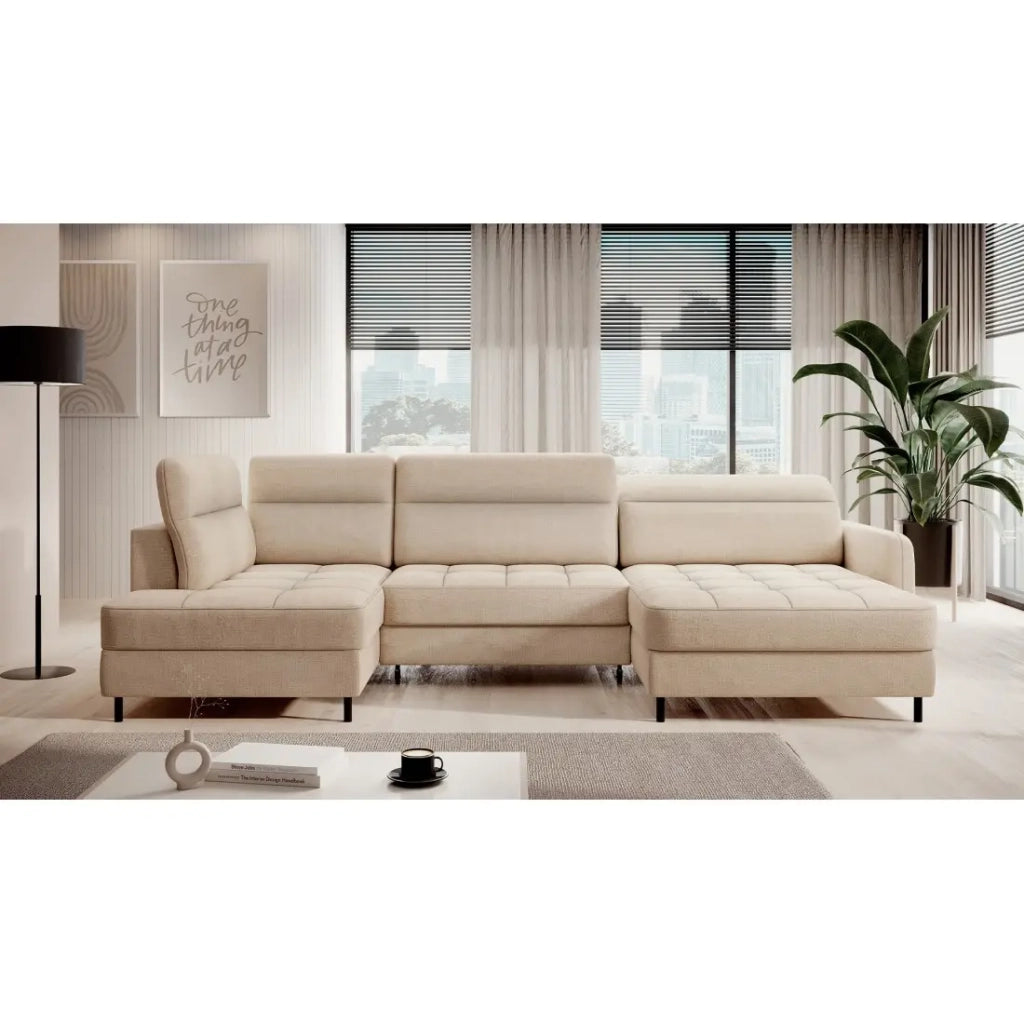 Divano angolare convertibile BERTHO 306 cm beige crema in ciniglia – Angolo destro con contenitore