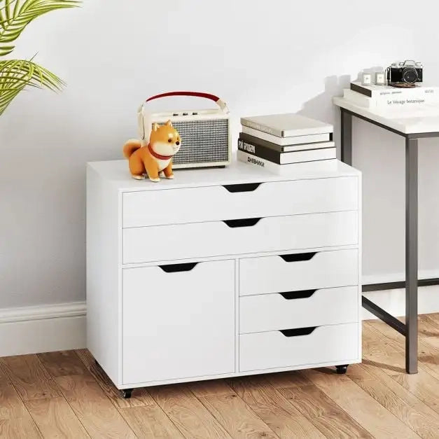 Cassettiera Mobile con 5 Cassetti e Anta Mobiletto con 5 Ruote Bianco per Ufficio e Casa Robusto e Salvaspazio