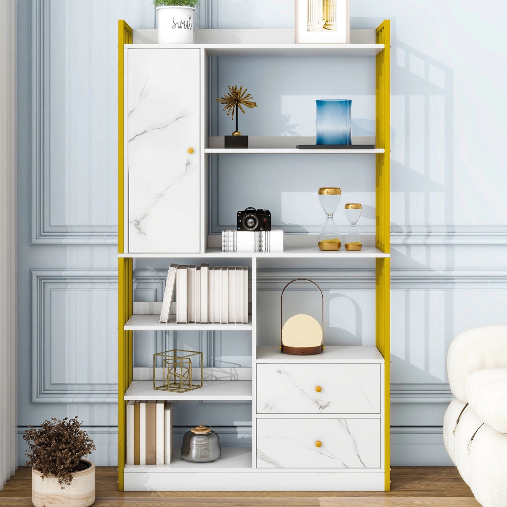 Libreria con ripiani aperti; cassetti e armadietti 100 x 30 x 173;5 cm; bianca e oro