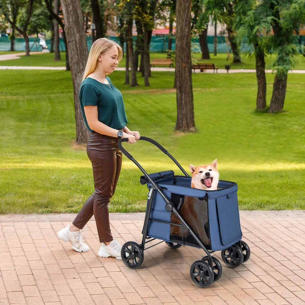 Passeggino per Cani Pieghevole, Carrello a 4 Ruote per Animali Domestici Piccoli e Medi, Trasportino Portatile con Ruote, Lucernario e Tasche, Chiusura Rapida (Blu)