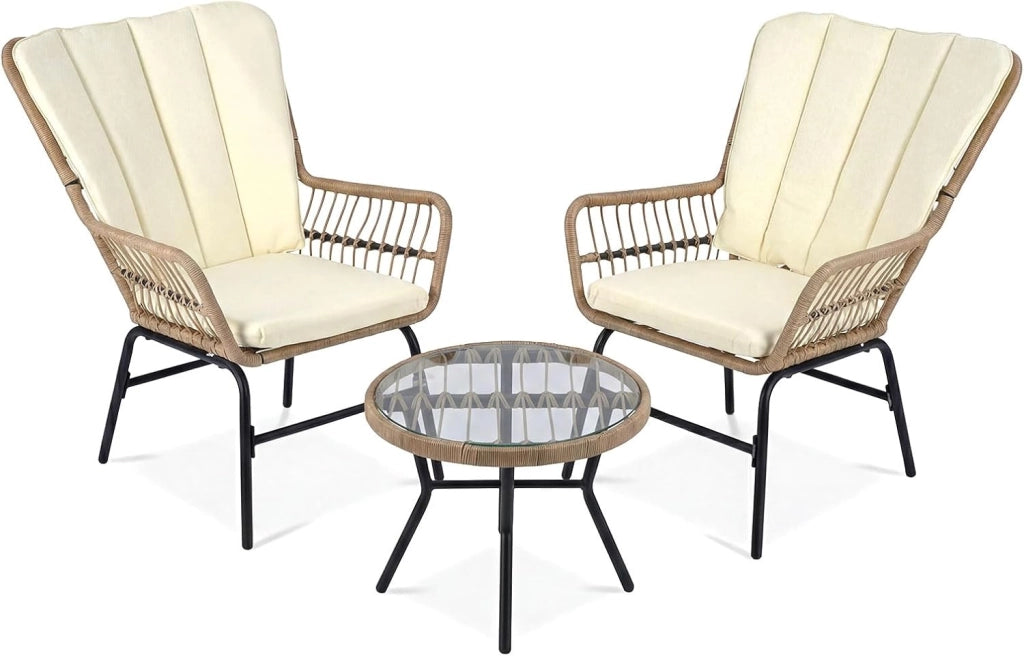 Set di 3 mobili da giardino in rattan con 2 sedie con cuscino e tavolo, set da bistrò per balcone, terrazza e patio, per 2 persone, portata fino a 180 kg