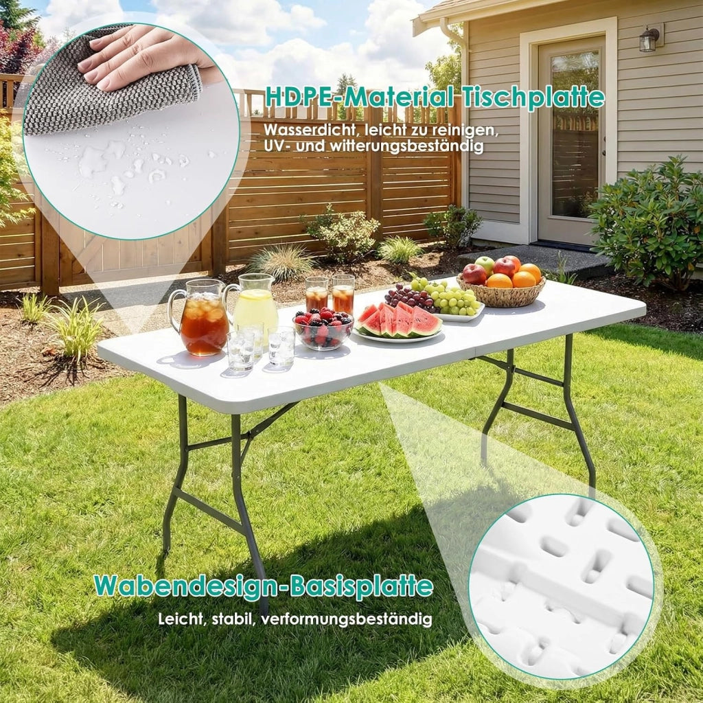 Tavolo da Giardino Pieghevole 180x75 cm,Tavolo da Buffet con Impugnatura di Trasporto,Tavolo Pieghevole in HDPE Plastica per 10 Persone, Bianco,Tavolo da Campeggio Tavolo Feste
