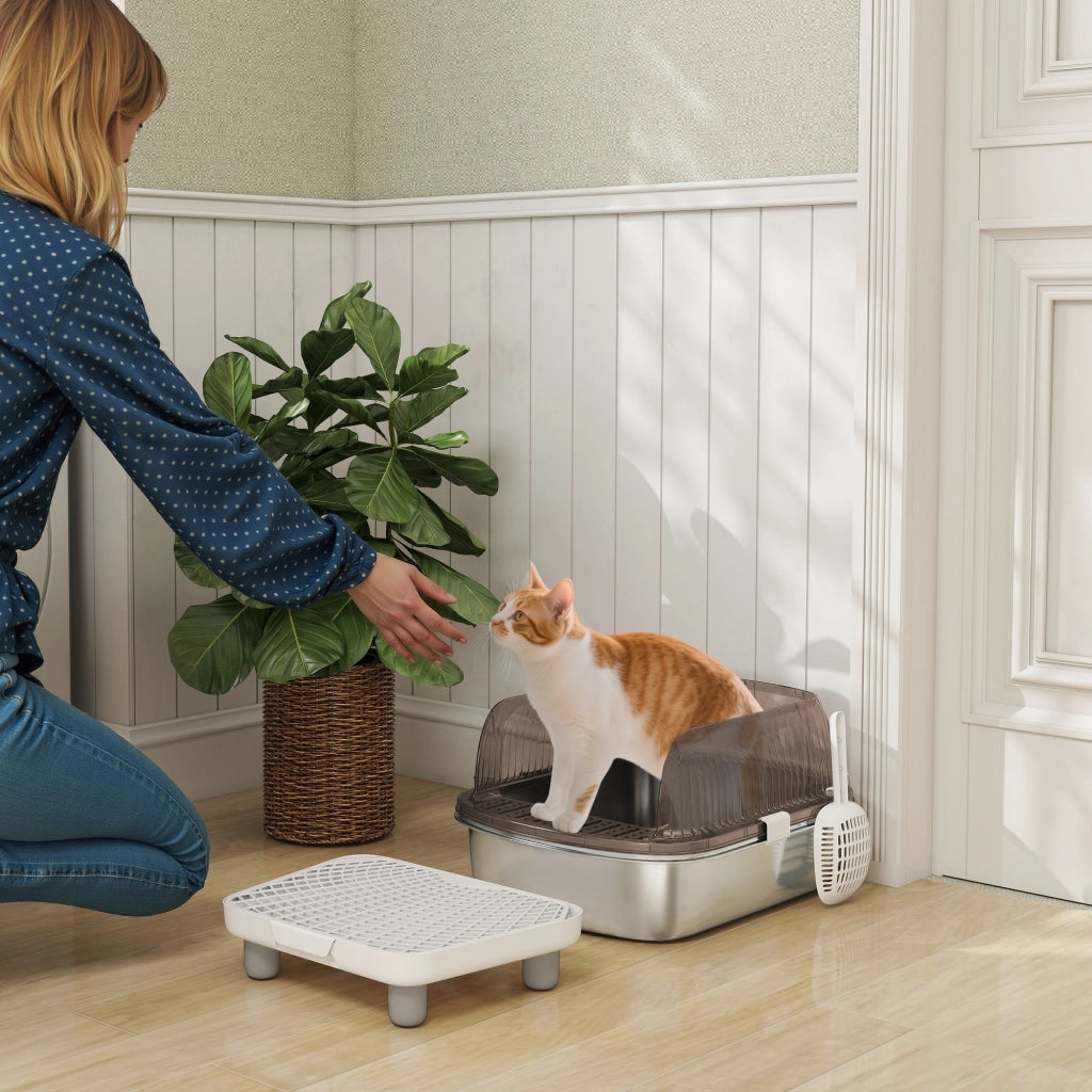 Arenero per Gatti Coperto con Vassoio in Acciaio Inossidabile ¨C Zephmum ¨C Grigio