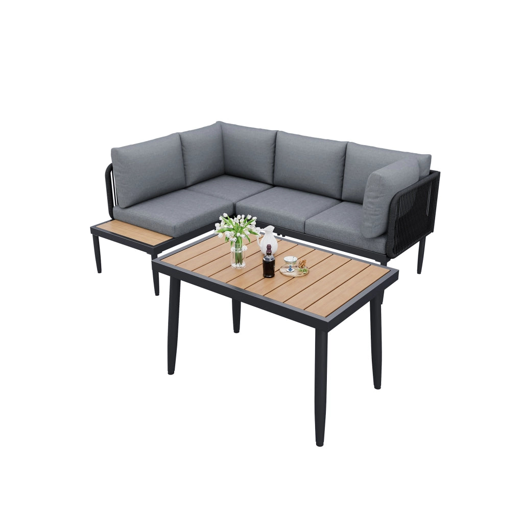OKWISH Set di 2 Mobili da Giardino con Divano ad Angolo e Tavolo da Pranzo, per Esterno, Acciaio Zincato e Olefina Grigio