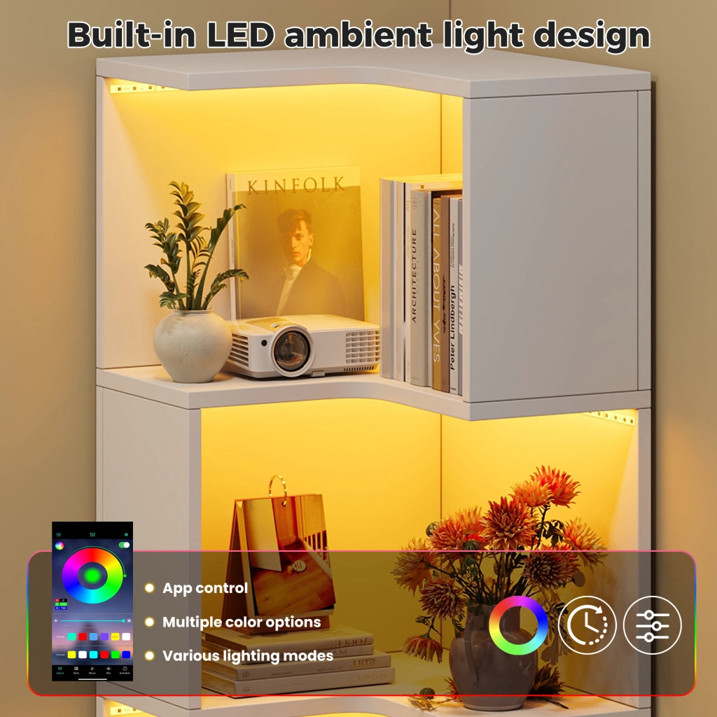 Libreria angolare con LED da app 4 ripiani aperti e 2 cassetti in MDF per studio soggiorno bianca 45 × 43,5 × 180 cm