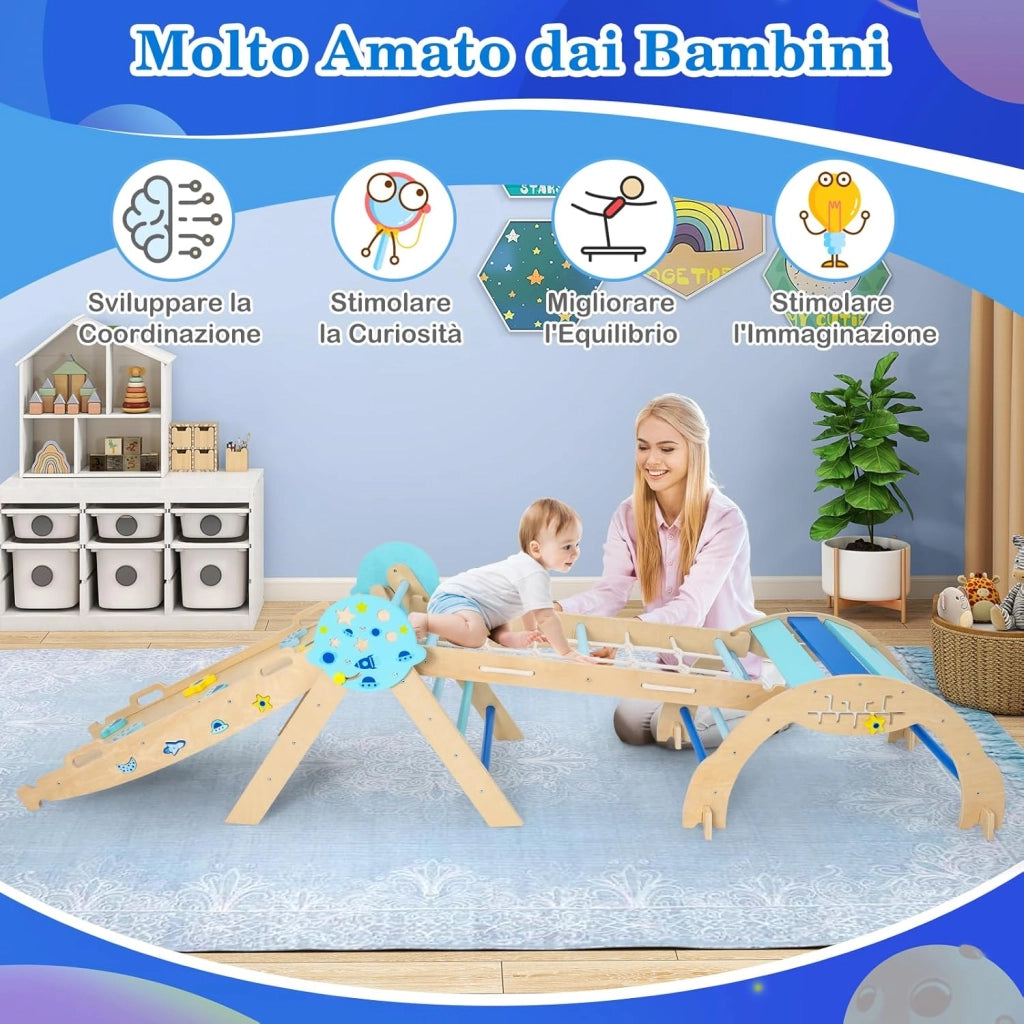 8 in 1 Set da Arrampicata per Bambini, Giocattoli da Arrampicata in Legno con Triangolo Arco Rampa e Corda, Giochi Montessori per Bambini 1 Anni + (Astronauta 4 pezzi, Blu)