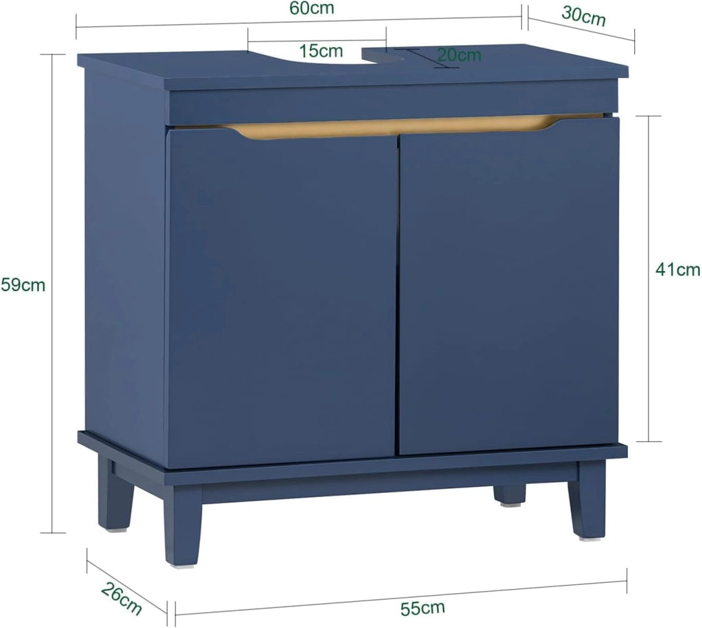 Mobile Sottolavabo – Mobiletto da Bagno con Ante – Mobile Sottolavabo Stretto in Legno per Piccoli Spazi, Blu, 60 x 59 x 30 cm, BZR113-B