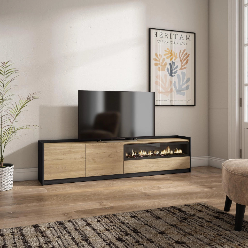 Mobile TV Soggiorno, 207x50x37 cm, Per TV fino a 80", Camino elettrico, Rovere e nero