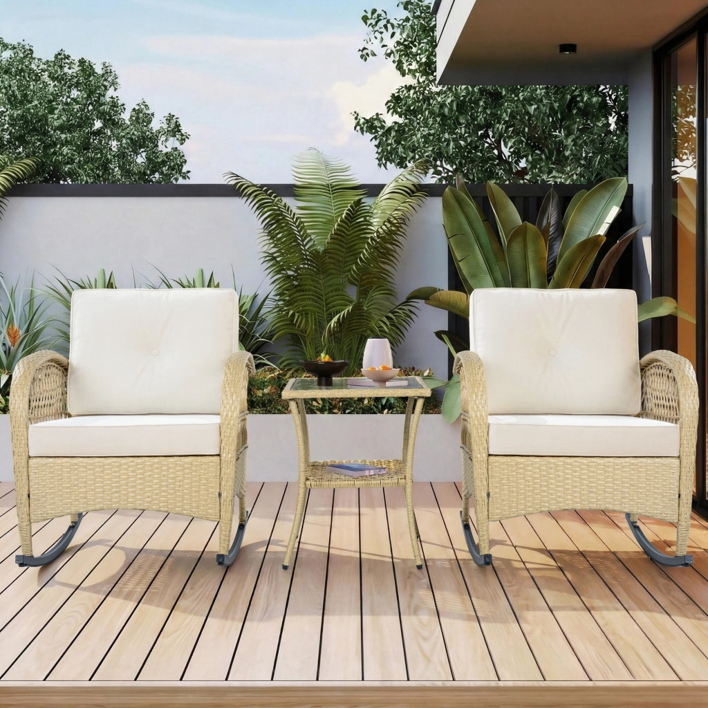 Set Balcone in Rattan 3 Pezzi con Dondolo e Cuscini Beige ¨C MINIMAL ¨C Polyrattan