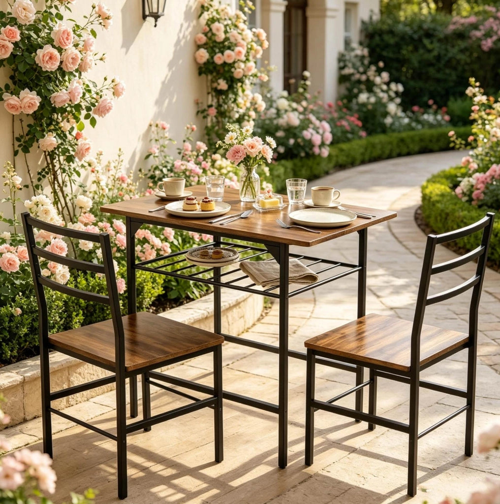 Set tavolo da pranzo ULEVR 80x50 cm con 2 sedie e ripiano, metallo e pannello truciolare marrone rustico e nero