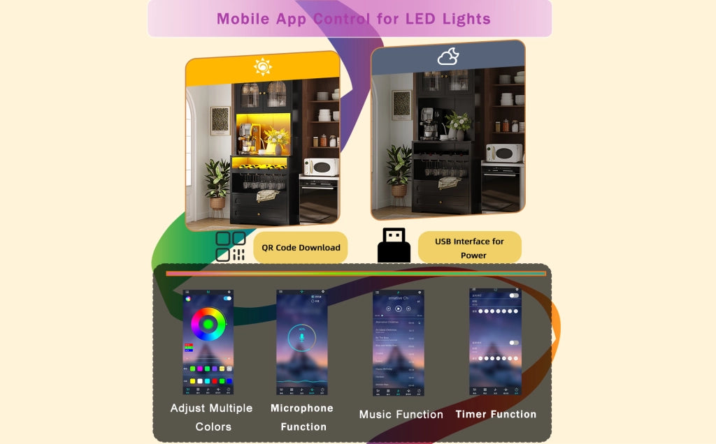 Credenza alta nera con LED smart, portabottiglie e USB