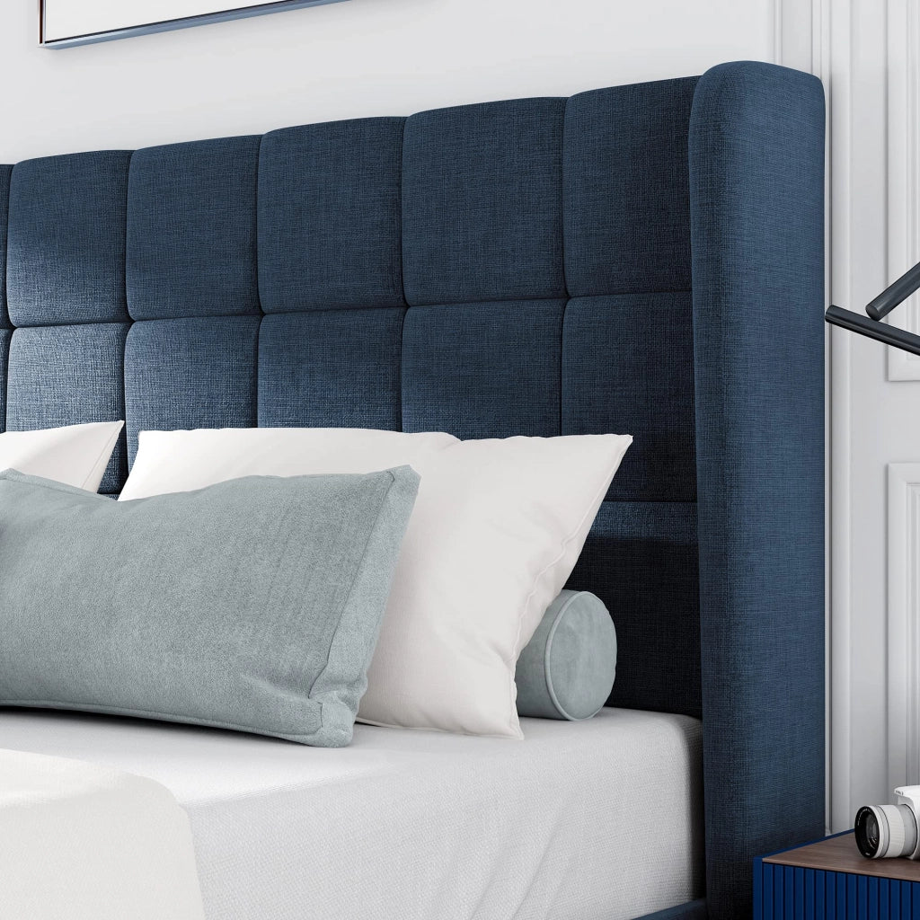 OKWISH Letto Imbottito 140×200 cm, Letto Matrimoniale con Testiera Imbottita e Doghe Silenziose, senza Materasso, in Lino - Blu
