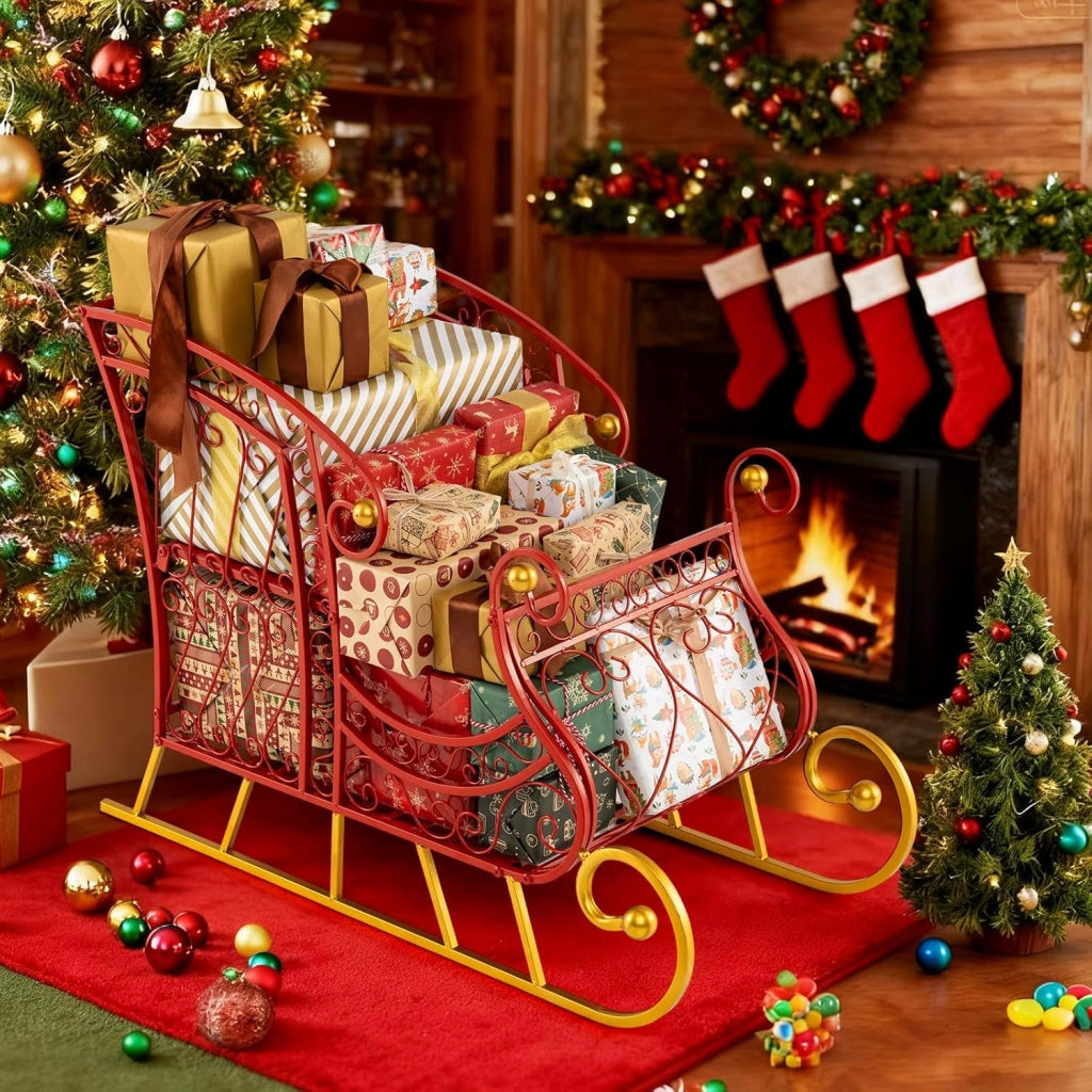 COSTWAY Slitta di Babbo Natale, Slitta di Babbo Natale in Metallo con Portadoni a 2 Livelli, Decorazione Natalizia con Stelle Dorate, per Casa, Negozio e Ufficio (Modello 3)