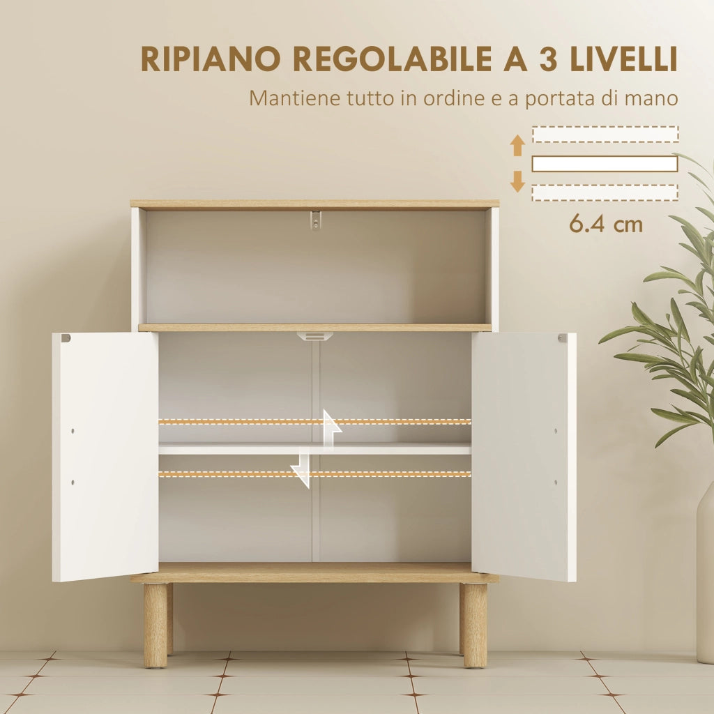Mobile Bagno Autoportante con Ripiano Regolabile, Bianco e Legno Naturale