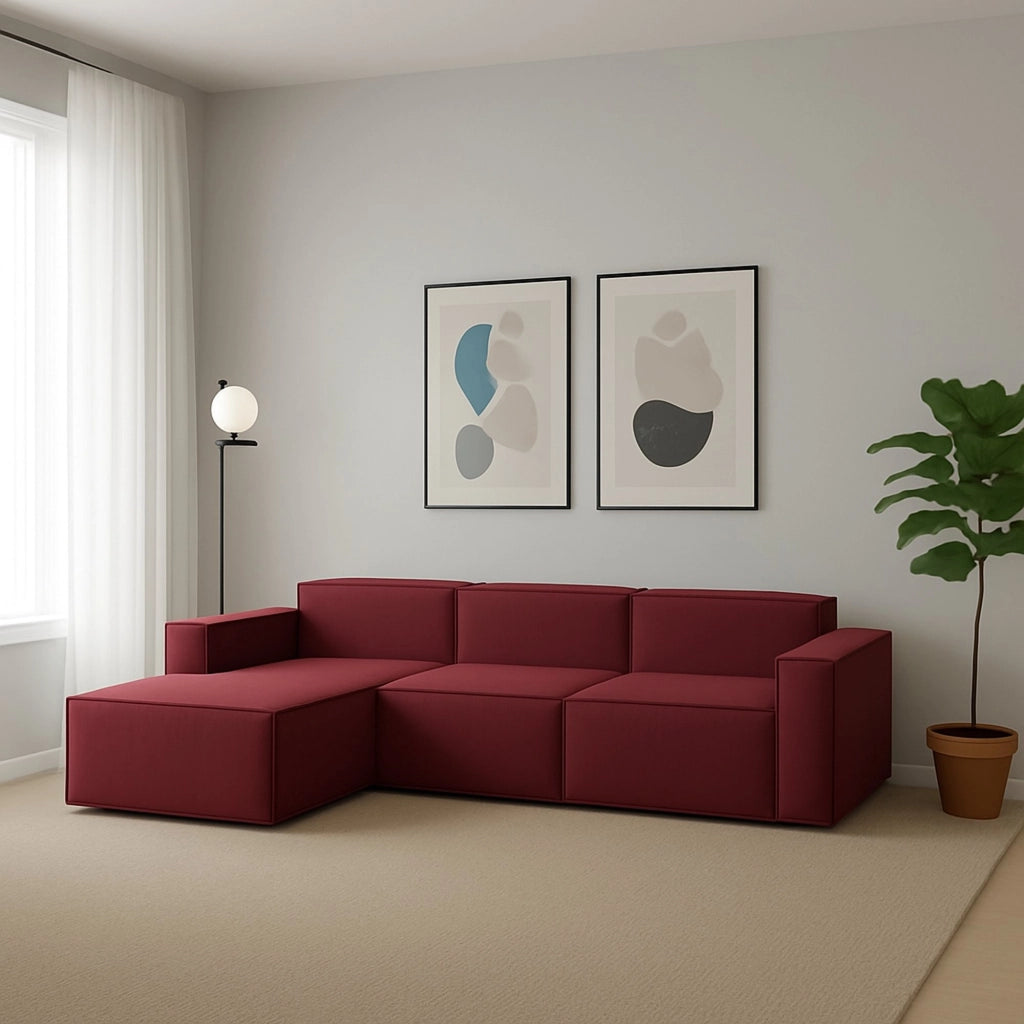 Divano fisso Alganibra, Divano componibile a 3 posti con penisola sinistra, Made in Italy, SofÒ  moderno in tessuto, Cm 300x170h70, Rosso