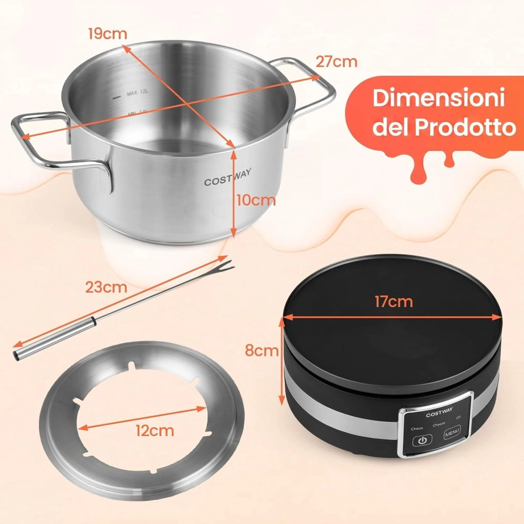 COSTWAY 1200W Set Fonduta Elettrica, in Acciaio Inox con Pentola da 2,3L, Base Riscaldante, 6 Forchette, per Formaggio Cioccolato, Temperatura Regolabile e Protezione dal Surriscaldamento