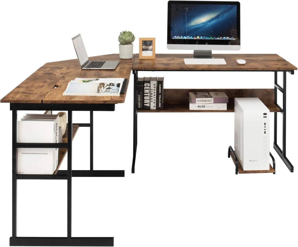 Scrivania ad angolo a forma di L 170 cm, scrivania per computer con 2 ripiani, vassoio inclinabile, supporto per unità centrale, tavolo da computer, poco ingombrante, stile industriale