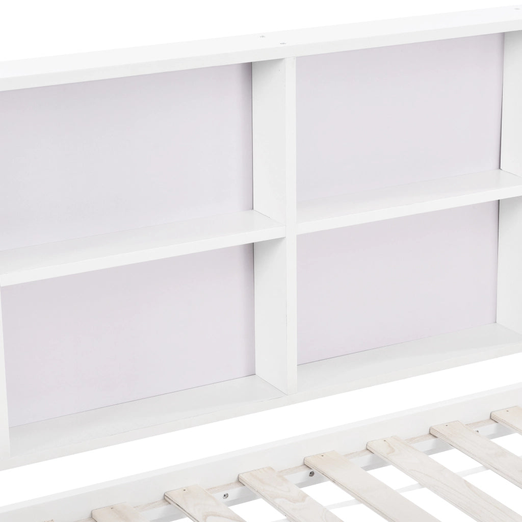 OKWISH Letto a Casetta 90×200 cm, Letto Singolo con Mensole e 2 Cassetti, Sponda, senza Materasso, in Legno Massello, Bianco