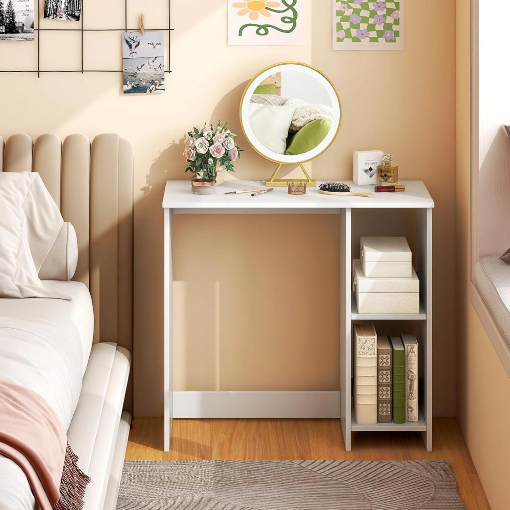 Scrivania per Computer in Legno con 2 Ripiani per Ambienti Piccoli, Scrivania Moderna e Salvaspazio da Casa e Ufficio, 80 x 40 x 74 cm (Bianco)