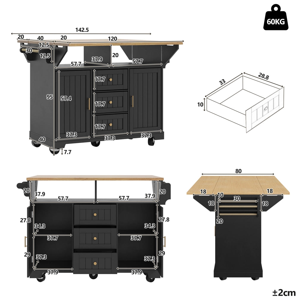 Isola cucina 120x40x95 cm; piano pieghevole; MDF e metallo; nero