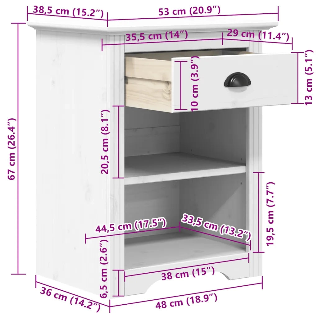 Comodino | Armadio da Notte | Mobiletto da notte BODO 53x38,5x67 cm in Legno Massello di Pino Bianco