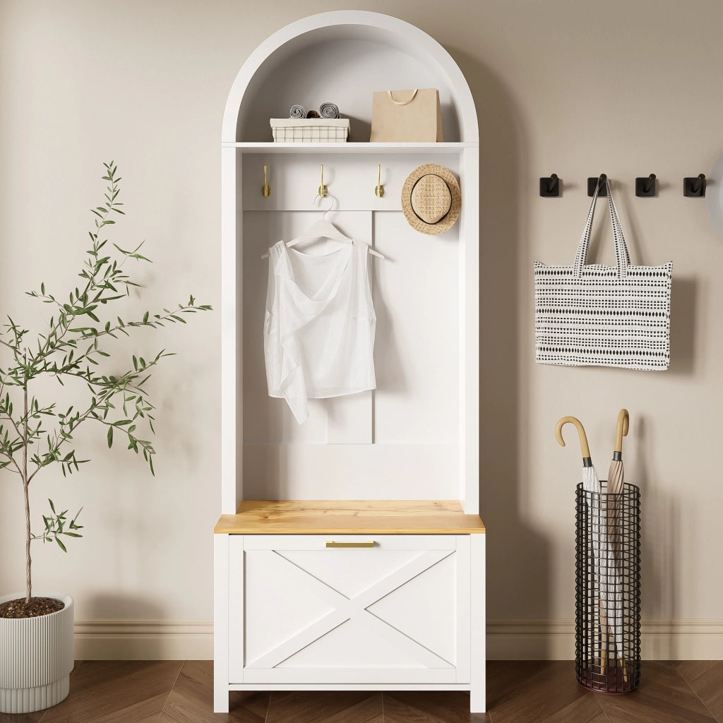 Guardaroba da Ingresso con Appendiabiti, Ripiano e Scarpiera, in MDF Bianco e Color Legno