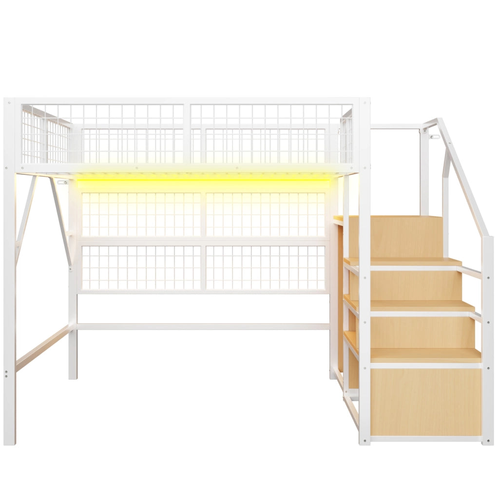 Letto a soppalco 140x200 cm con scala contenitore; armadio aperto e LED APP in metallo bianco