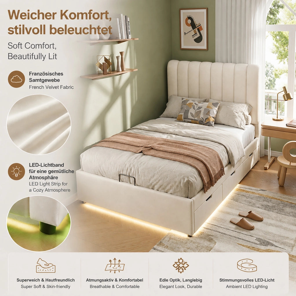 Letto imbottito per bambini 90x200 cm con contenitore, cassetti e LED