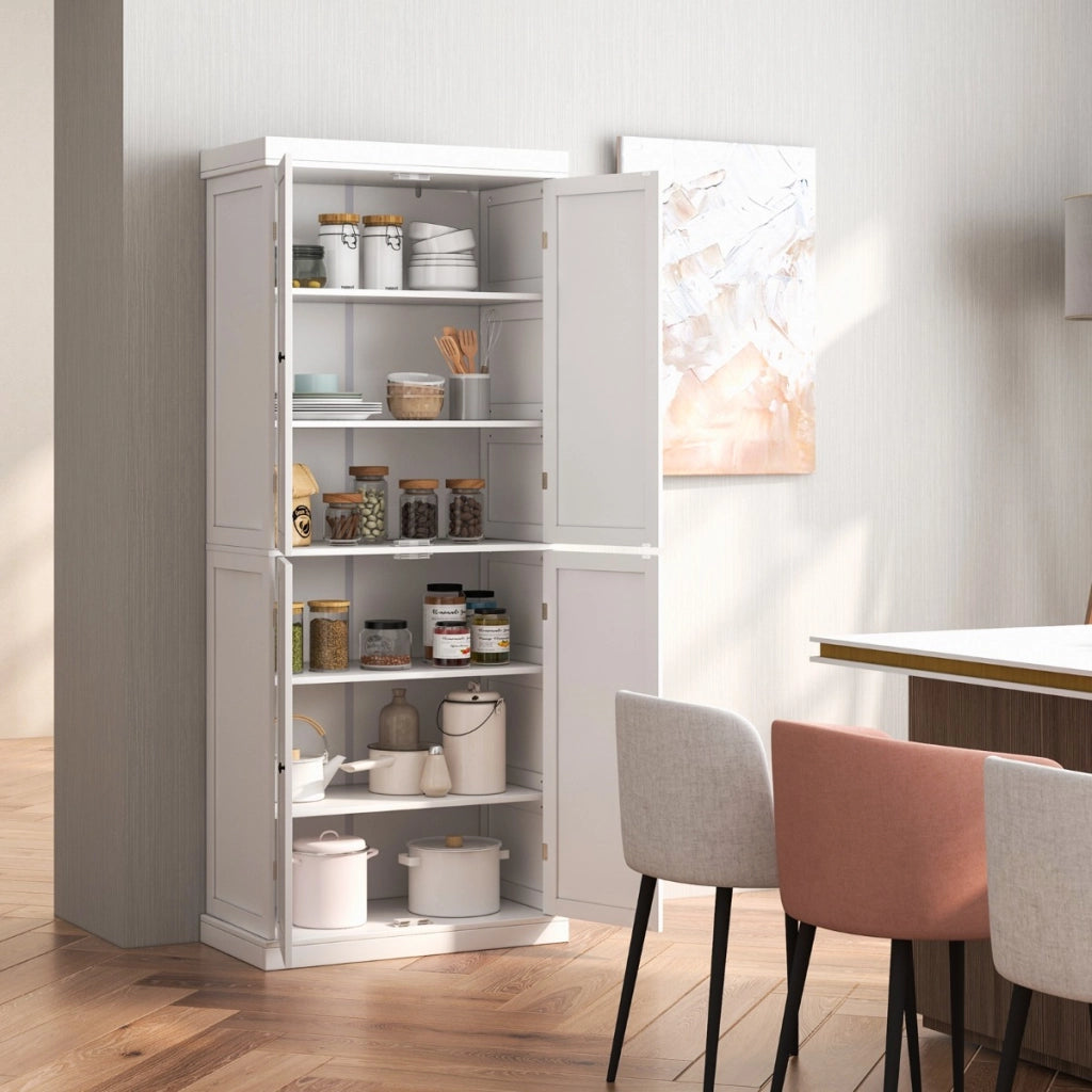 Dispensa da cucina a 4 ante con 6 ripiani 2 ripiani regolabili, Mobile credenza alto 184,5cm per sala da pranzo Bianco-Credenze buffet