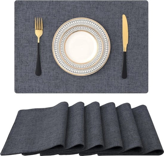 Set di 6 mattonelle per tavola, lavabili, lino, resistente al calore, antiscivolo, a doppia faccia, tessuto, antracite