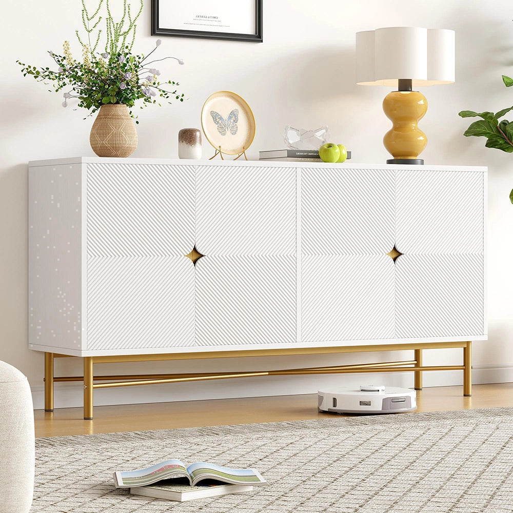 Credenza 160cm Texturizzata - Xylo - 4 Ante con Maniglie Oro, Colore Bianco