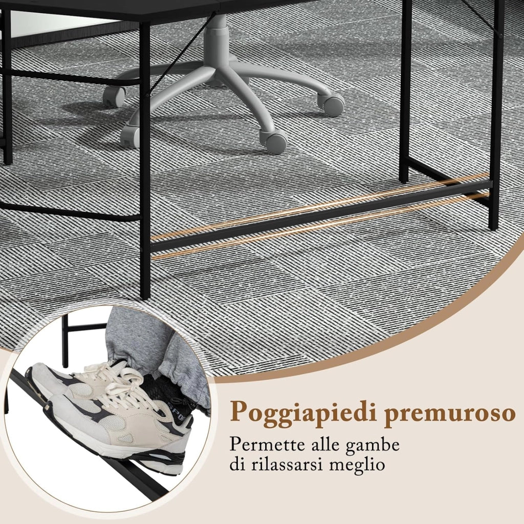 Scrivania Angolare 138 CM, Scrivania ad Angolo con 2 Prese, 2 Porte USB, Telaio in Acciaio al Carbonio e Ripiano a 2 Livelli Rimovibile, Scrivania Salvaspazio da Ufficio e Casa (Nero)