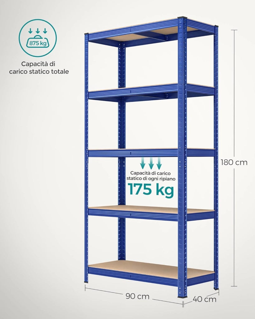SONGMICS Scaffalatura a 5 Ripiani, Scaffale in Acciaio, Montaggio Rapido, Utensili, Strumenti in Garage, Magazzino, Ripostiglio, Portante 875 kg, 40 x 90 x 180 cm, Blu GLR040Q01