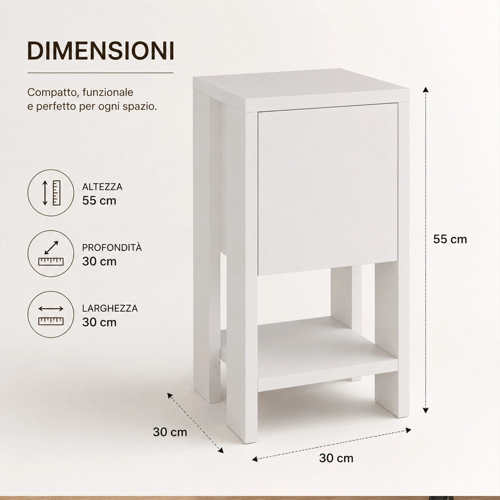 Comodino Mobiletto 2 Ripiani con Anta Tavolino Design Moderno in legno Bianco