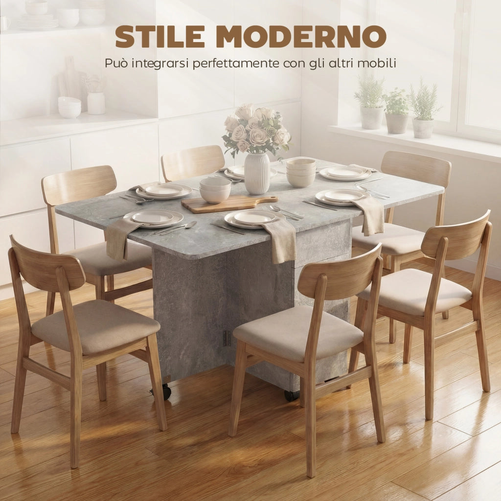 Tavolo da pranzo pieghevole con 2 cassetti, ante e armadietto ¨C Zephmum ¨C Legno, grigio cemento, 140x76x74 cm