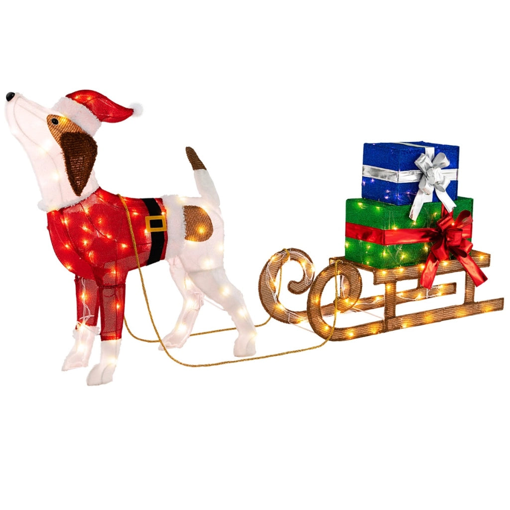 Decorazioni natalizie illuminate con cane slitta luci LED e scatole regalo, Decorazione festosa 78x21x82cm-Decorazioni natalizie